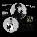 Promotional poster for James Blake's performance at the Mem Hall with black and white graphics.