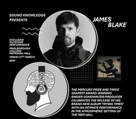 Promotional poster for James Blake's performance at the Mem Hall with black and white graphics.