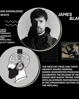 Promotional poster for James Blake's performance at the Mem Hall with black and white graphics.