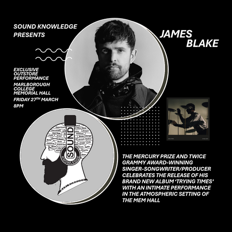 Promotional poster for James Blake's performance at the Mem Hall with black and white graphics.
